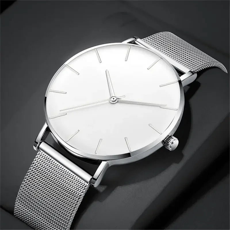 Luxury Fashion Minimalist Mens Ultra Thin Watches Simple Men Business Stainless Steel Mesh Belt Quartz Watch Casual Man Watch Qme