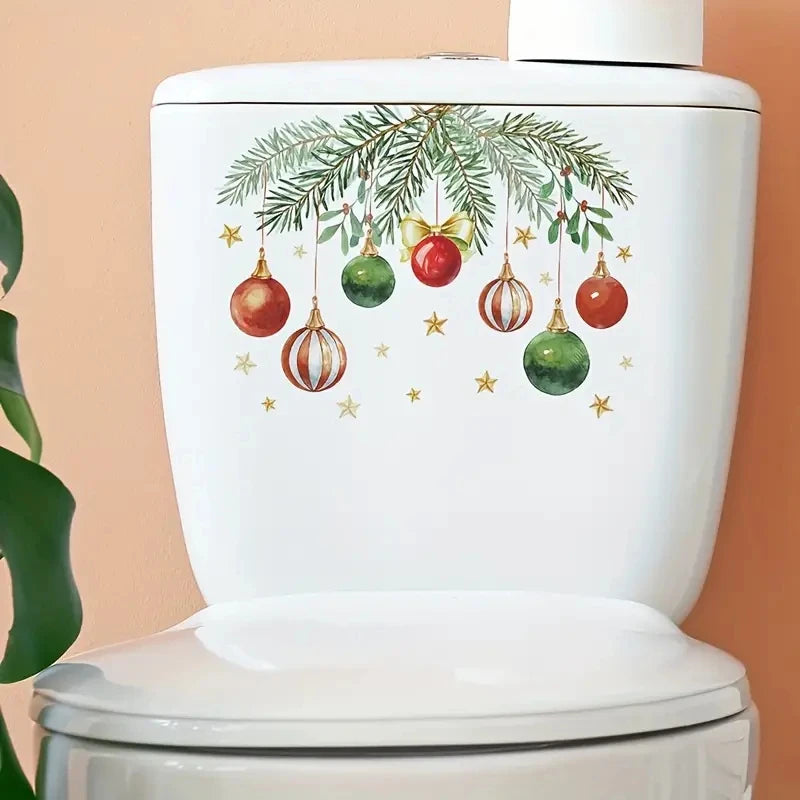 1pc New Toilet Stickers Christmas Green Plants Pattern Self-adhestive Decal Festive Home Decor for Kids Bathroom Qme