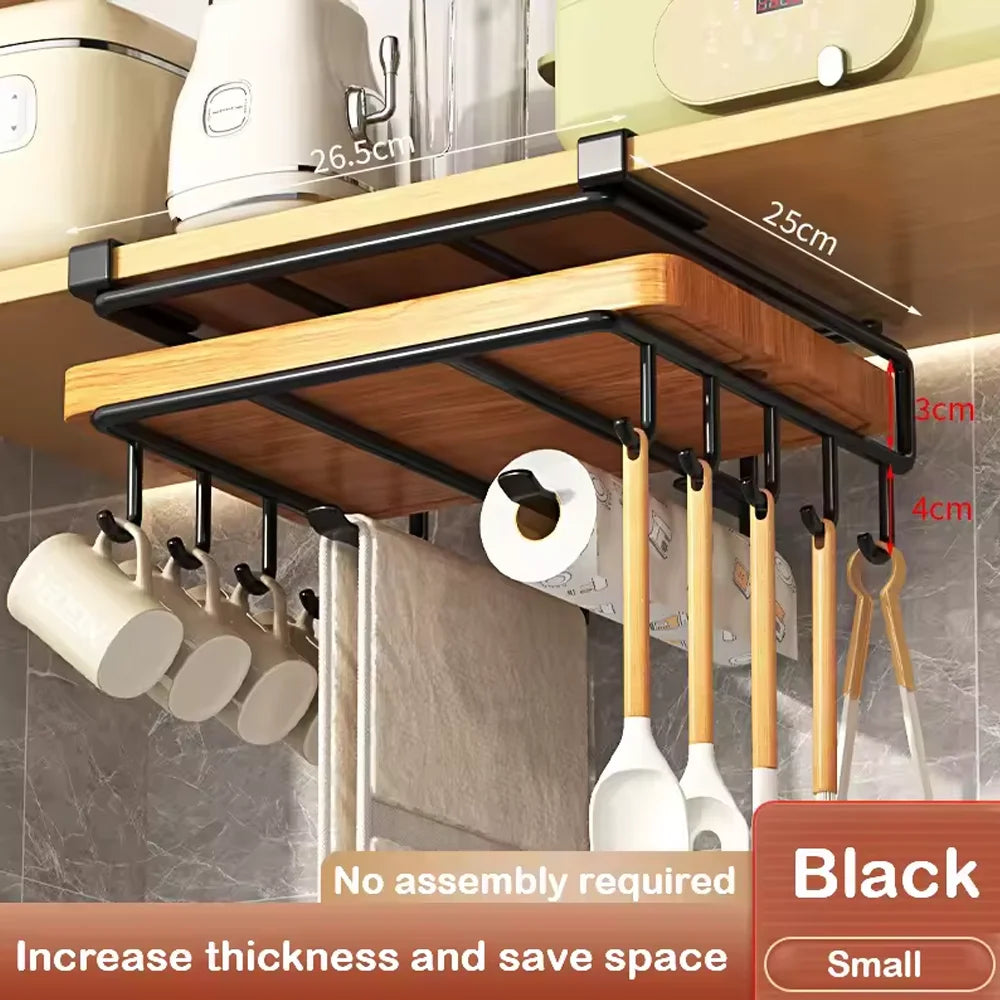 Kitchen Hanging Organizer Rack with Hooks Under Cupboard Paper Towel Rags Hanger Cutting Board Pot Cover Holder Storage Shelf Qme Shuangceng C