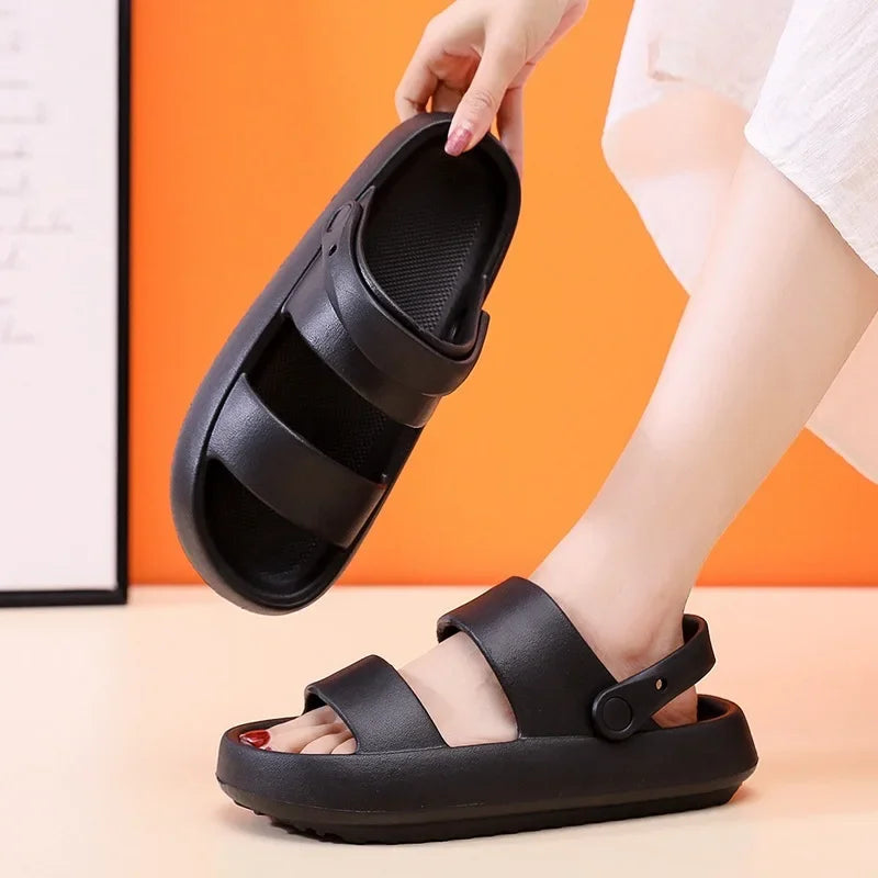 Summer Thick Platform Slippers Double Row Couple Flat Sandals Outside EVA Men Soft Beach Thick Sole Non-slip Indoor Shoes Qme BK 42-43