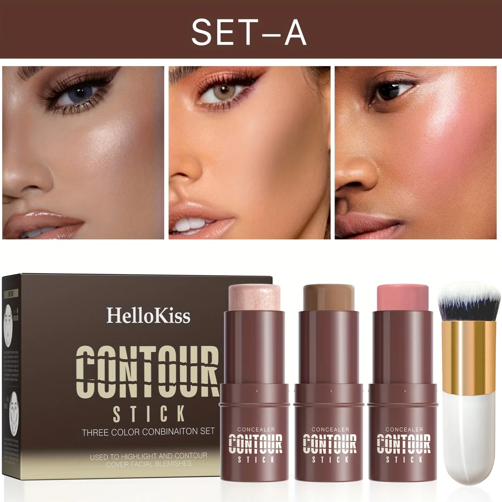 4pcs Contour Stick, Highlighter Stick, Blush Stick 4pcs Cream Contour Kit with Contour Brush, Create Face Contour, Non-greasy Qme 9517A-020-2