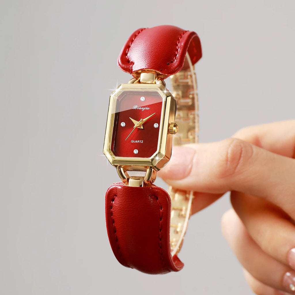 Women Small Rectangle Dial Quartz Wrist Watch Red Leather Strap Rhinestone Index Elegant Casual Ladies Dress Wristwatch Gift Qme
