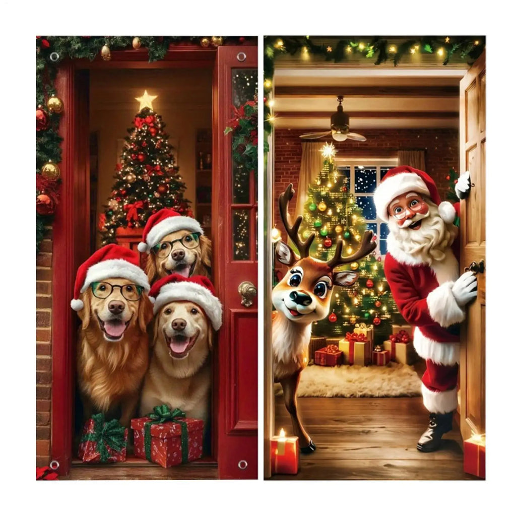 NEW Christmas Front Door Decoration Cover 2D Winter Holiday Party Background Christmas Door Wrap For Indoor Outdoor Home Kitchen Qme