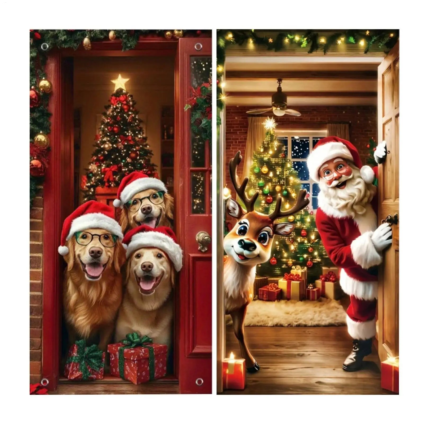 NEW Christmas Front Door Decoration Cover 2D Winter Holiday Party Background Christmas Door Wrap For Indoor Outdoor Home Kitchen Qme