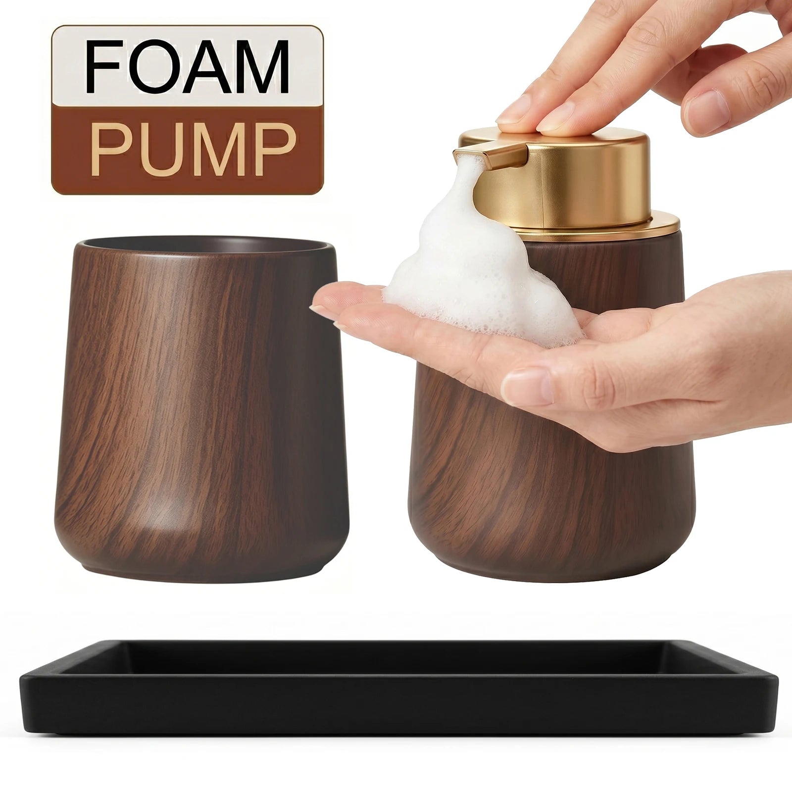 Cotton Lotion Hand Toothpaste Brush Storage Countertop Accessories Walnut Foam Soap Dispenser Bottle Set for Kitchen Bathroom Qme FOAM-SET D