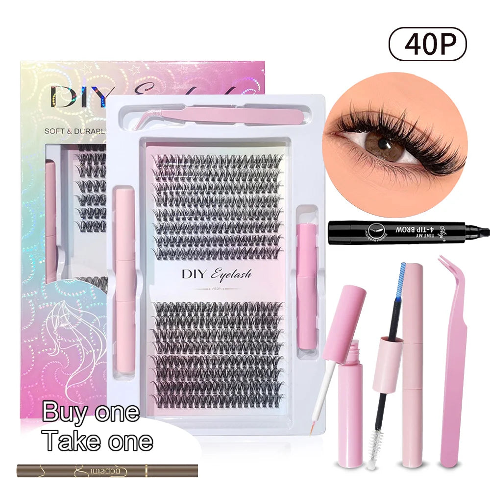 3D DIY Cluster Lash Glue-free Self-adhesive Curling Lengthening Qme 40P and eyebrow pen