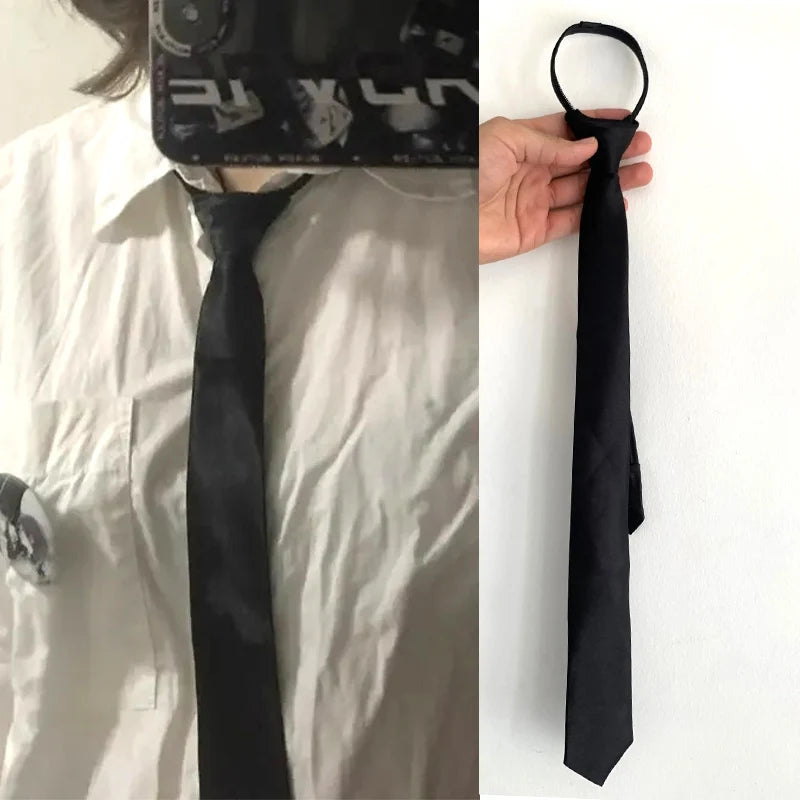 Unisex Black Simple Clip Tie Men's Women's JK Zipper Collar Solid Qme