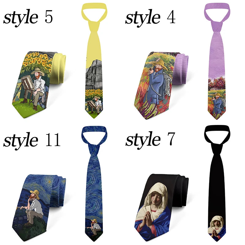 Classic Van Gogh Wide Fashion Oil Painting Tie Pastoral Sailing Print Qme