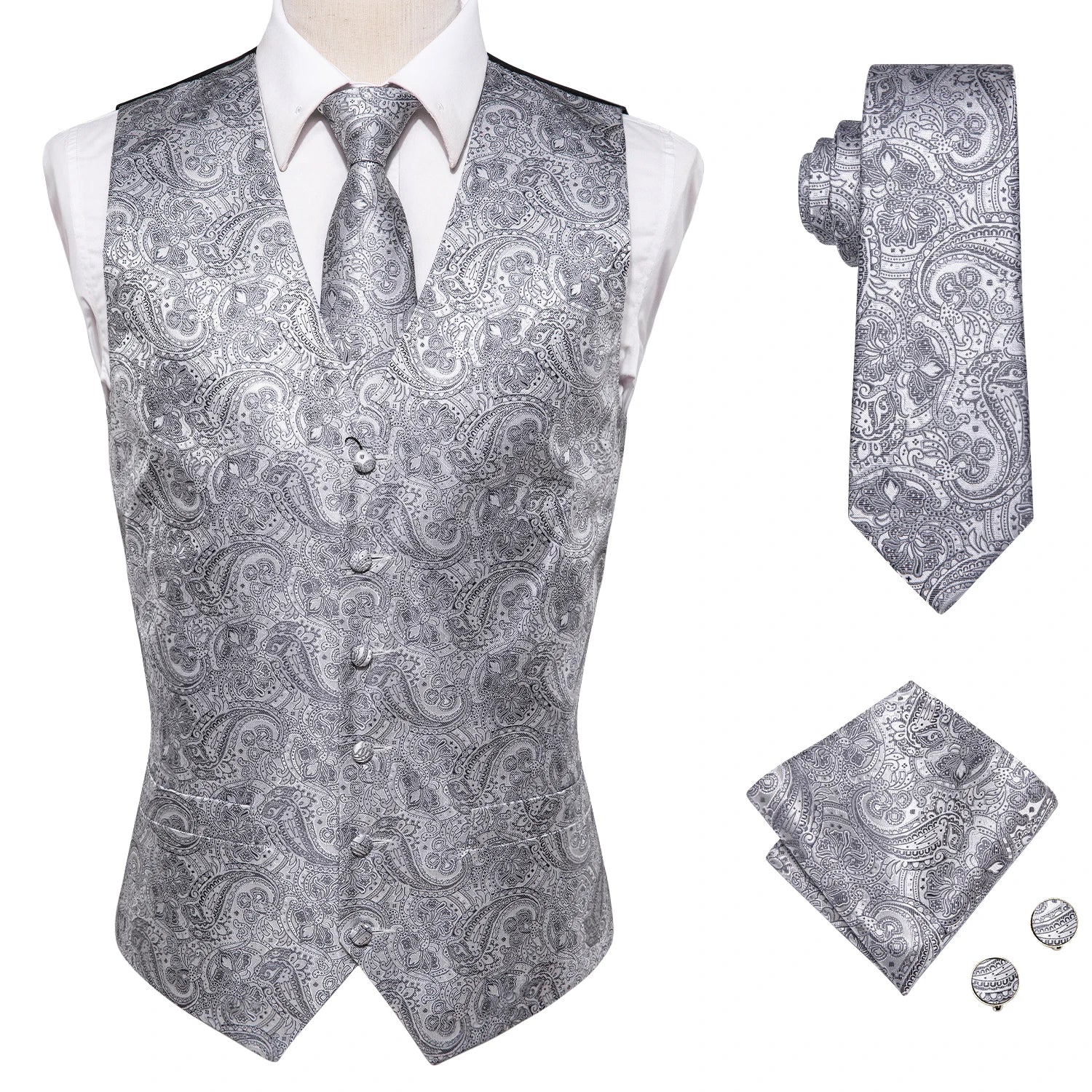Hi-tie Black Men Vest Paisley Jacquard Necktie Hankerchief Cufflinks Qme MJ-0021 2XL