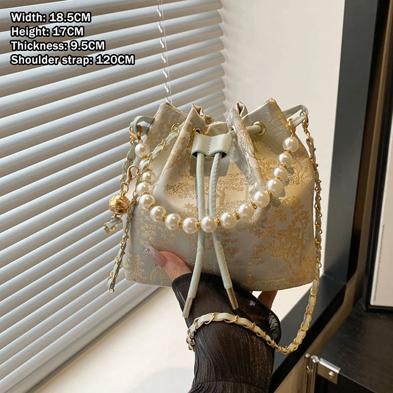 Pearl Chain Bucket Bag Women's Shoulder Bag Simple New Chinese Style Retro Crossbody Bag Qme Blue