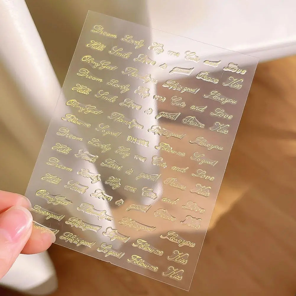 English Words Nail Art Stickers 3D Alphabet Decals DIY Metallic Gold Qme
