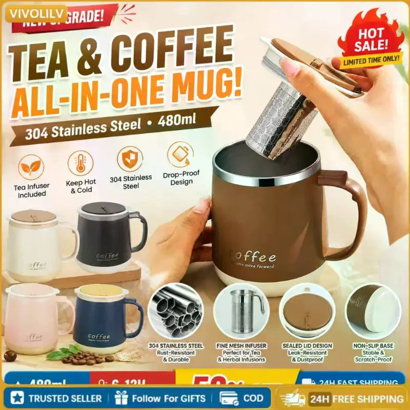 304 Stainless Steel 480ml Insulated Mug With Lid Tea Infuser Drop-Proof Design ForOffice Coffee Gift Qme