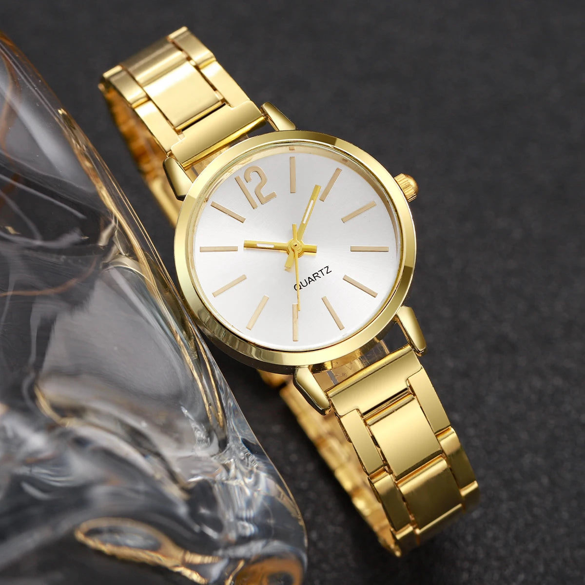 Classic Minimal Sunray Dial Women Quartz Watch Jewelry Pack, Shiny Gold Stainless Steel Watch with Engraved LOVE Cuff Bracelet Qme