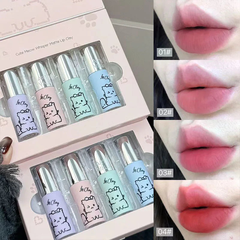 Lip Mud Kawaii Cat Velvet Nude Lipstick Matte Texture Silky Easy Qme