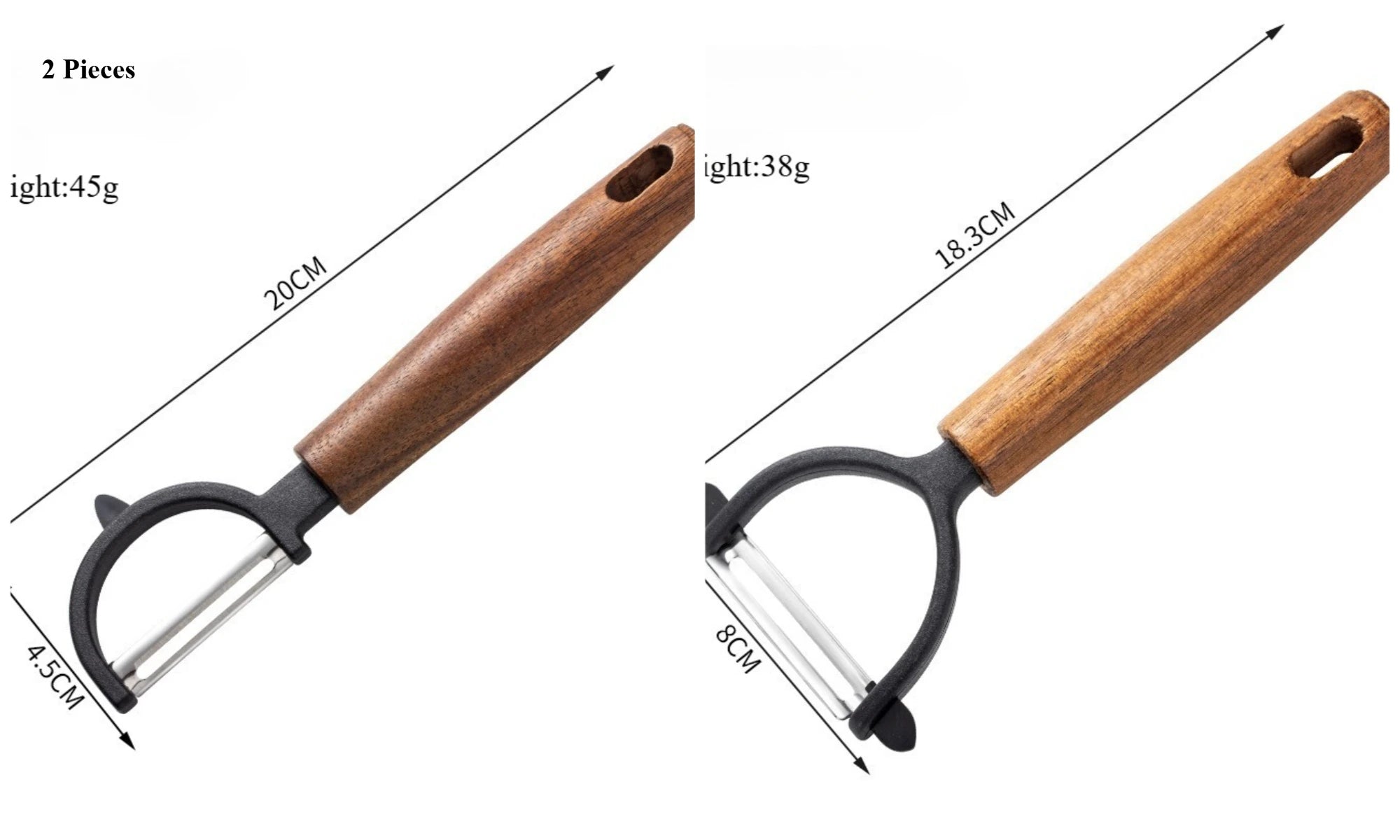 2-Piece Wooden Handle Stainless Steel Peeler,Straight & D-shaped Fruit Vegetable Melon Planer,Wooden Grip Peeling Kitchen Tool Qme D-HRound peeler-2Pcs