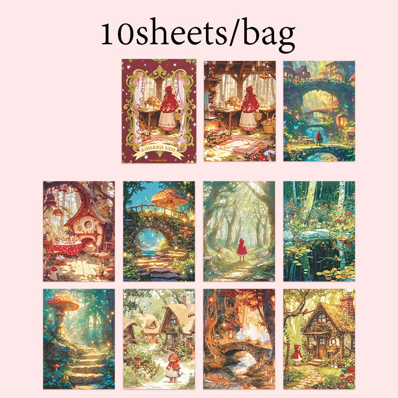 10 Sheets/Bag Dreamy Fairy Tale Theme Background Stickers, Fit for DIY, Scrapbook, Phone Case, Notebook & More Decorations Qme 2