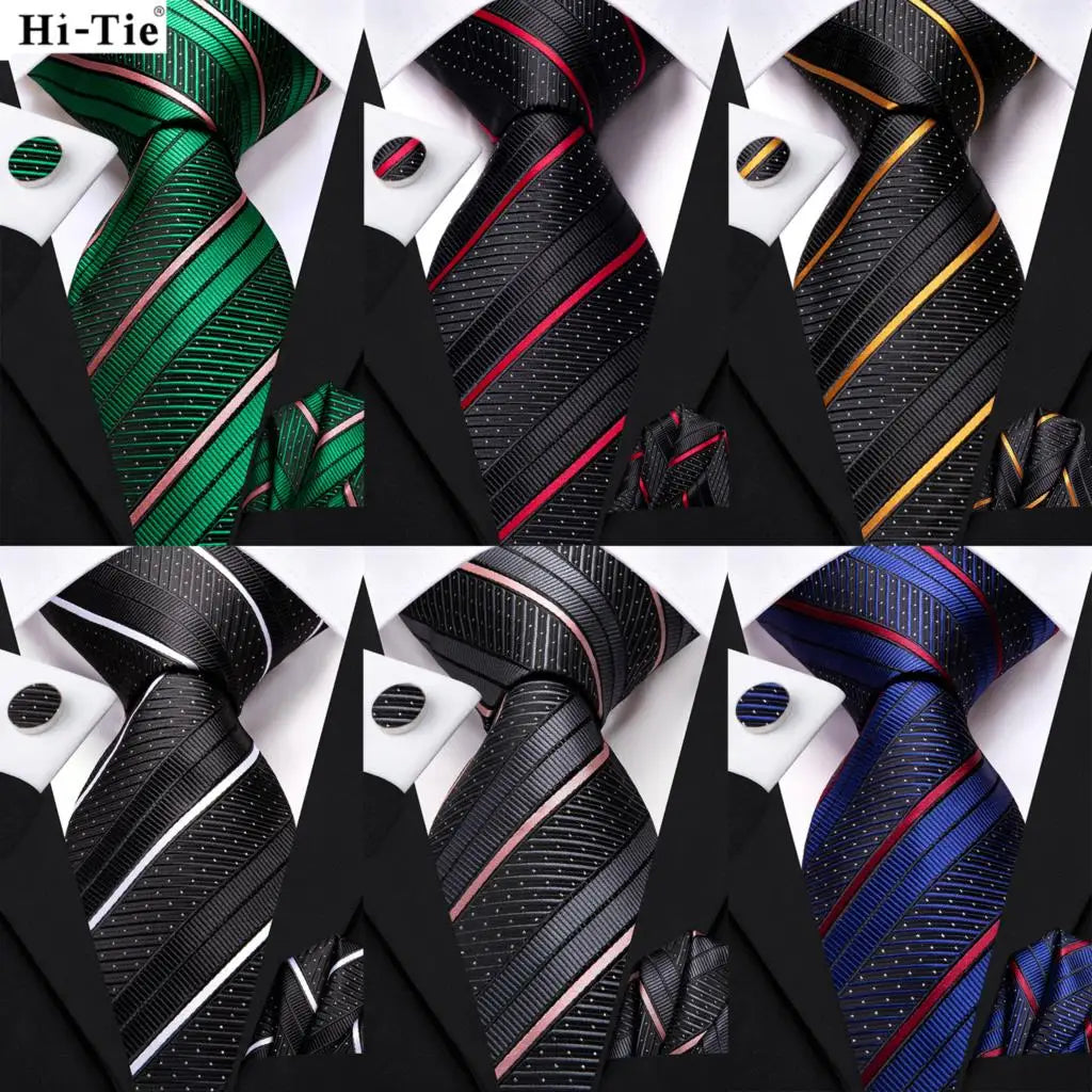 Hi-Tie Striped Navy Blue Mens Fashion Necktie Handkerchief Cufflinks for Tuxedo Accessory Classic Silk Luxury Tie for Man Gift Qme
