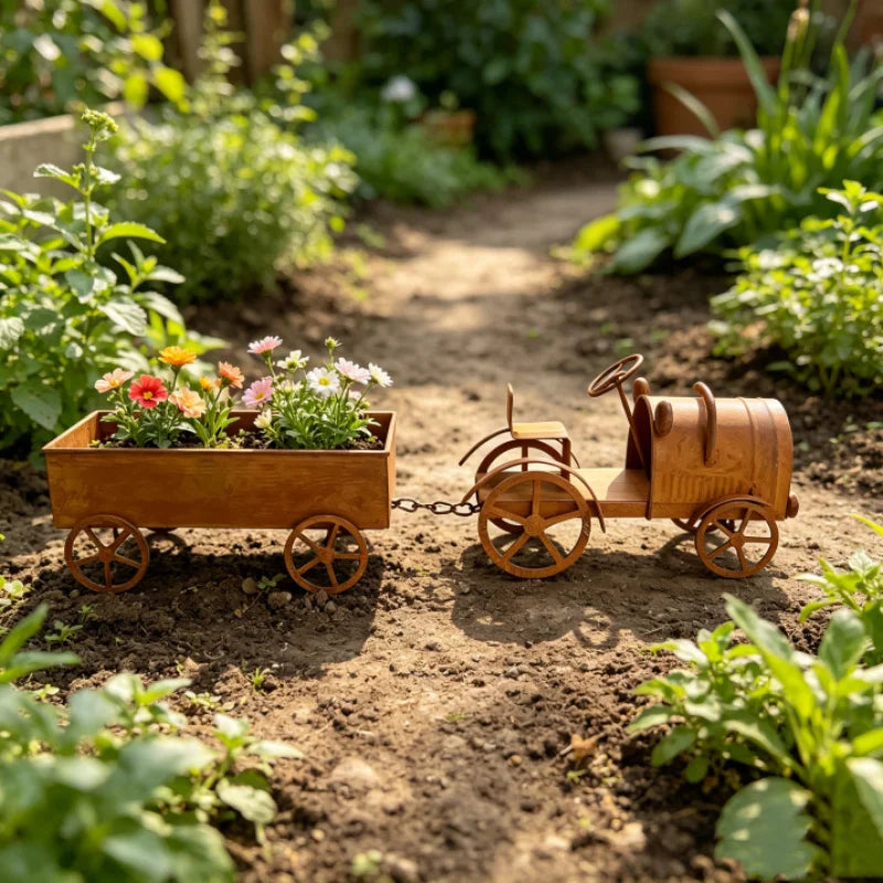 Rusty Vintage Metal Tractor Planter with Wheels Rustic Farmhouse Decorative Truck Carriage for Plants & Floral Displays Qme