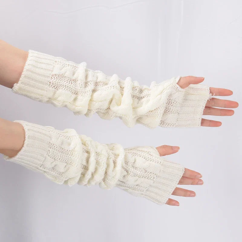 Women's Winter Mitten Knitted Arm Warmers Long Fingerless Gloves Qme