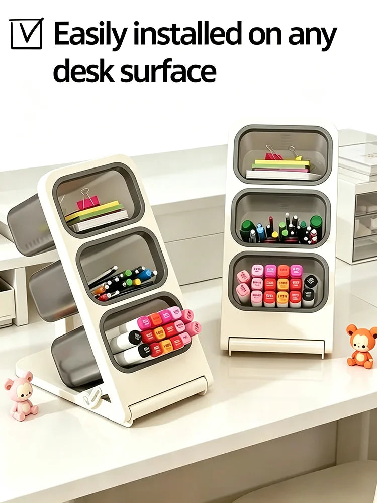 Multi-Layer Slant Desktop Stationery Organizer, Detachable 3 Grid Pen Holder, Pencil Storage Caddy for Office School Supplies Qme