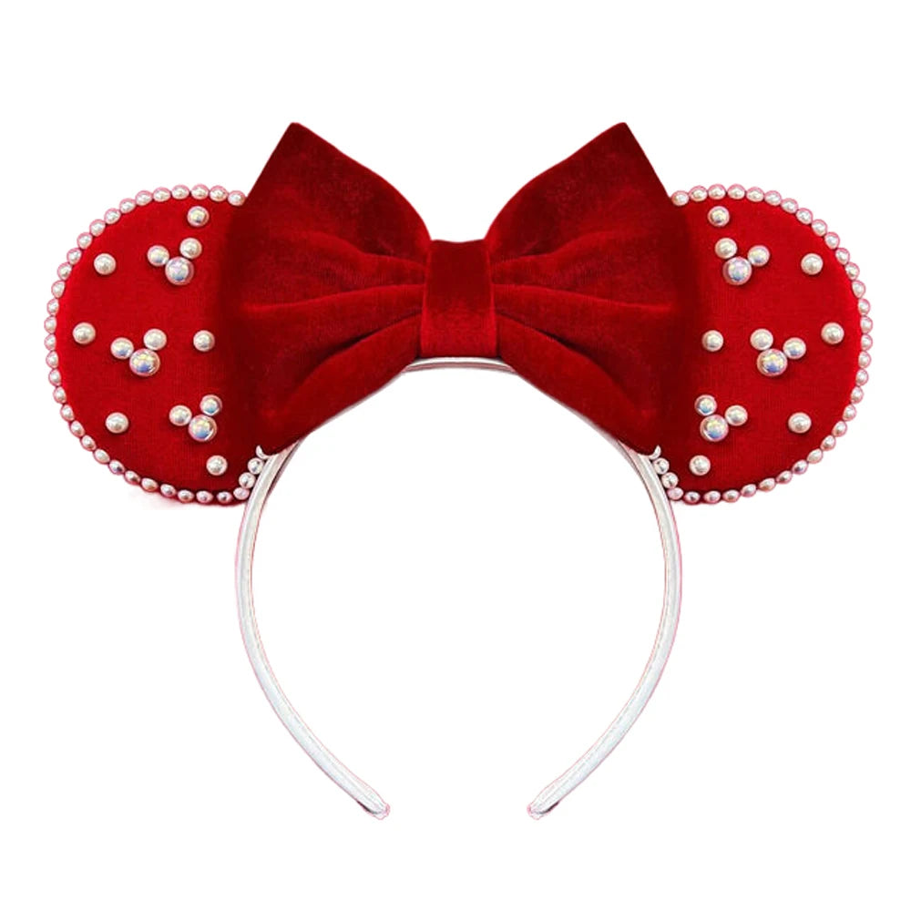 White Pearls Mickey Ears Hair Accessories for Girls Solid Color Soft Cotton Bow Headbands Women Minnie Mouse Hair Accessorie Qme Headband 2