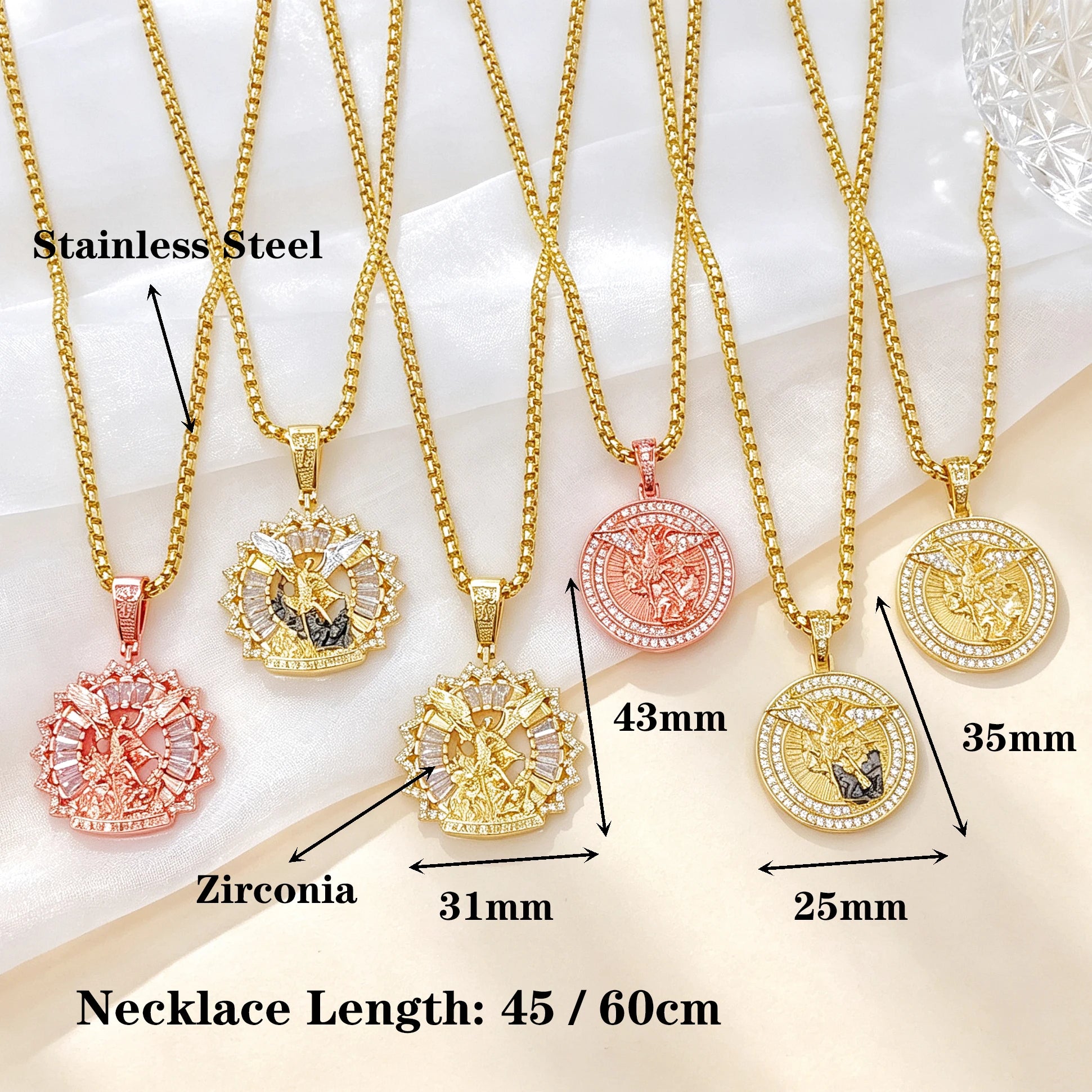 Classic Gold/Rose Gold St. Michael Archangel CZ Medallion Stainless Steel Necklace for Men Women Party Religious Jewelry New Qme