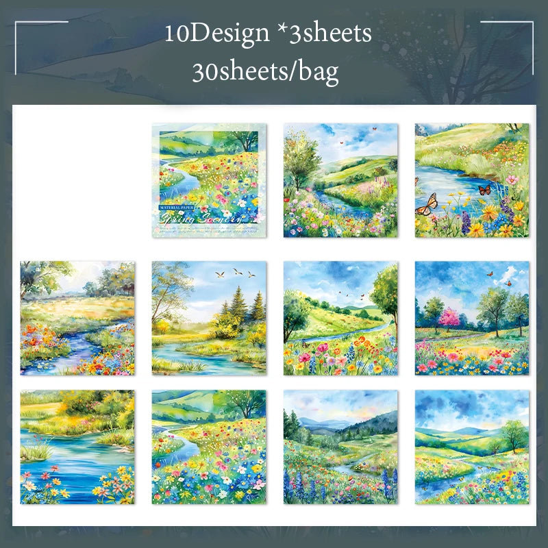Material Paper 30 sheets/bag Spring Watercolour Landscape Handbook Stationery DIY Handmade & Scrapbook Journal Decoration Qme 6