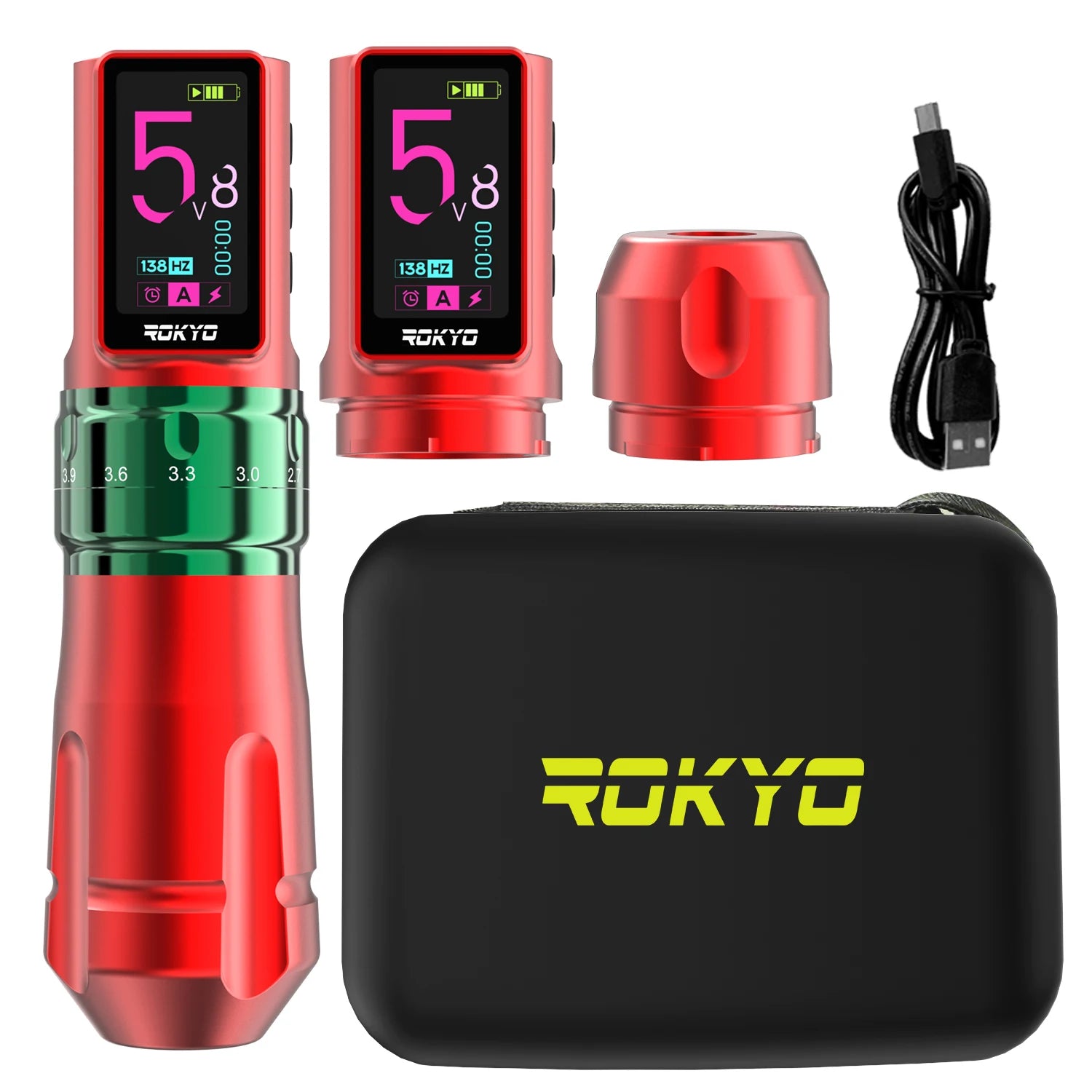 Adjustable Stroke Wireless Tattoo Pen Machine Gun 2.4-4.2mm Rechargeable Battery 2000mAh For Profession PMU Tattoo Supplies Qme Red Two Batteries