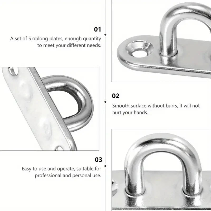 5-Piece Heavy-Duty Stainless Steel Eye Plate Hooks - Wall & Ceiling Mount, U-Boat Design For Garage Hammocks And More Qme