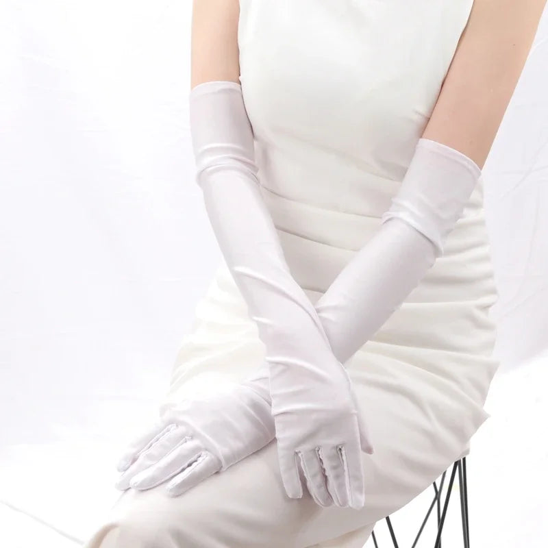 Women's Mittens Long Gloves Classic Adult Black White Red Opera Elbow Qme WHITE length 52cm