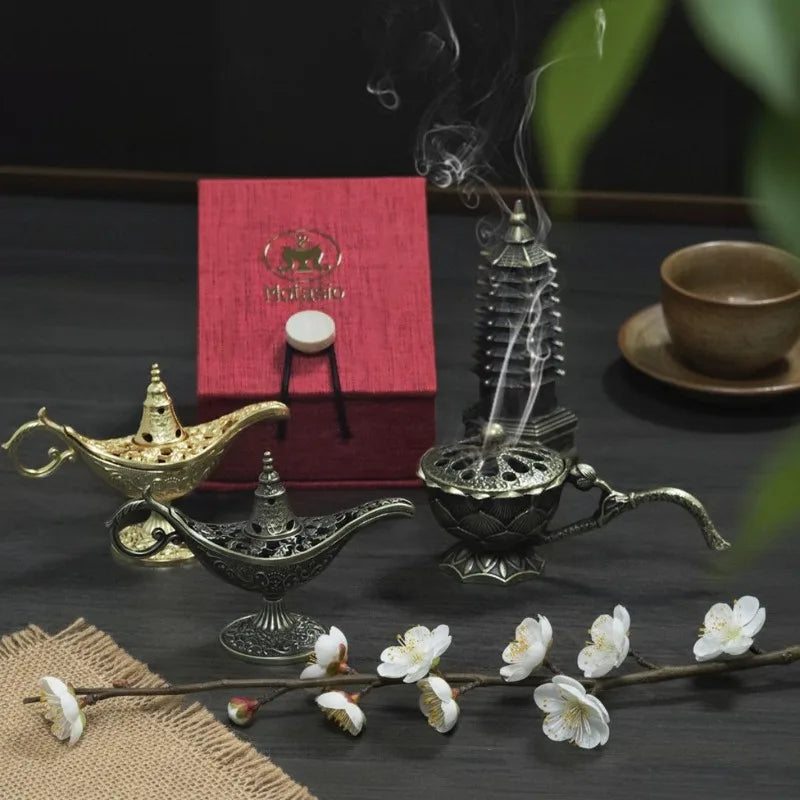 Mini Metal Incense Burner Retro Ornate Pagoda Fu Pouch Lotus Styles Qme
