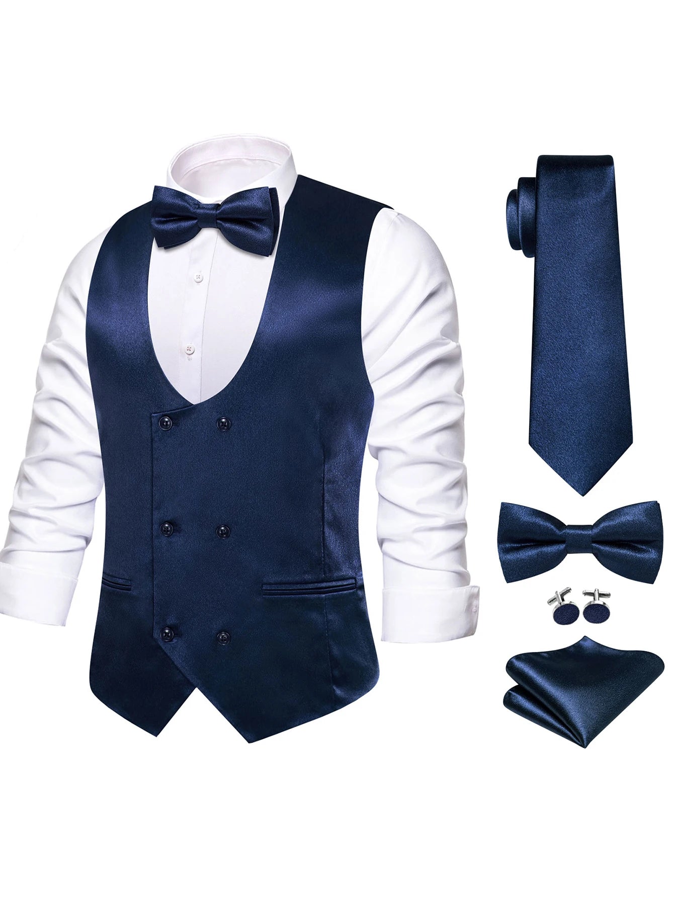 Men's Satin U Collar Vest Tie Hanky Cufflinks Bowtie Formal Waistcoat Qme MJTZ3255 L