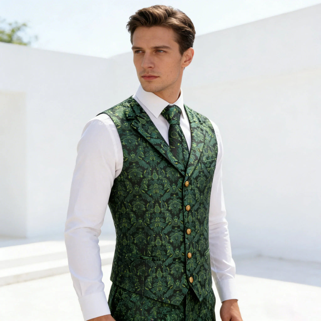 Mens Vest Green Floral Tops Tie Hanky Cufflinks Waistcoat Sleeveless Qme