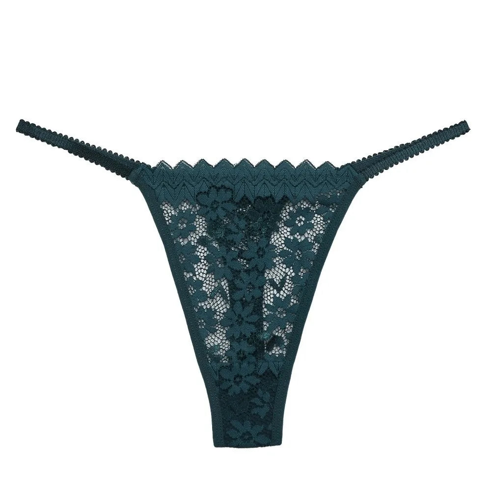 Breathable Mesh Lace Thong Women Low Waist Transparent Flower Briefs Qme Green M 1pc