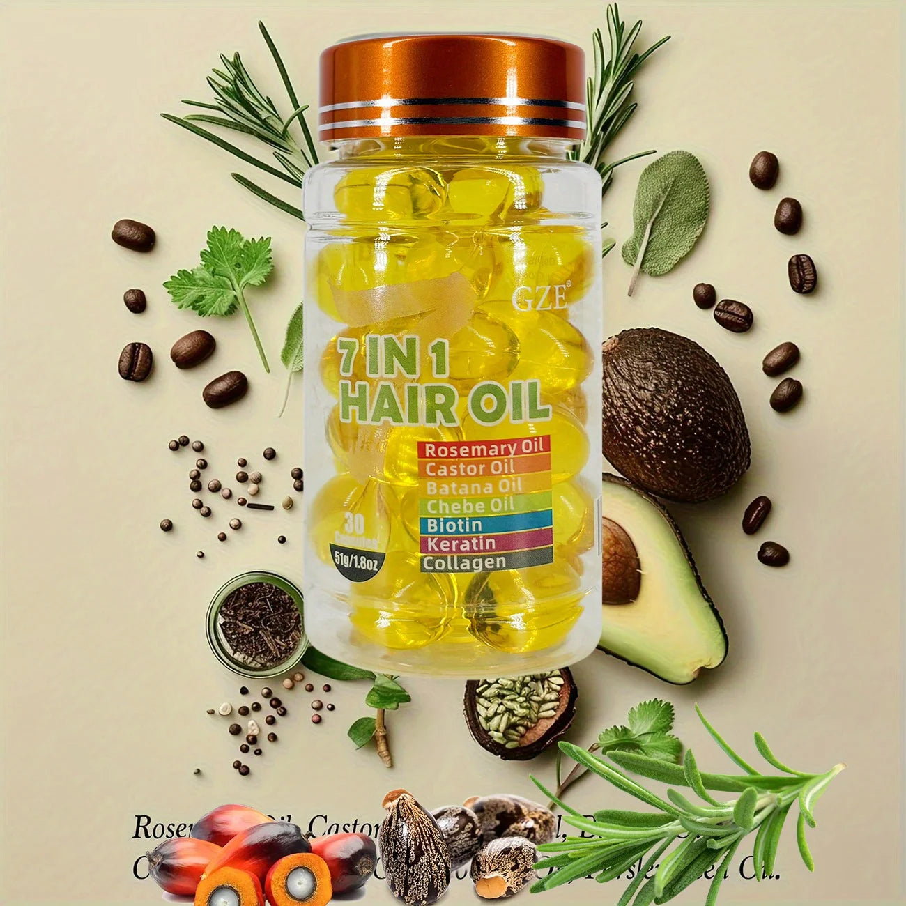 GZE 7-IN-1 Hair Oil Enriched With Rosemary Oil Castor Oil Batana Oil Chebe Oil Biotin Keratin Collagen Hydrating Smoothing Qme
