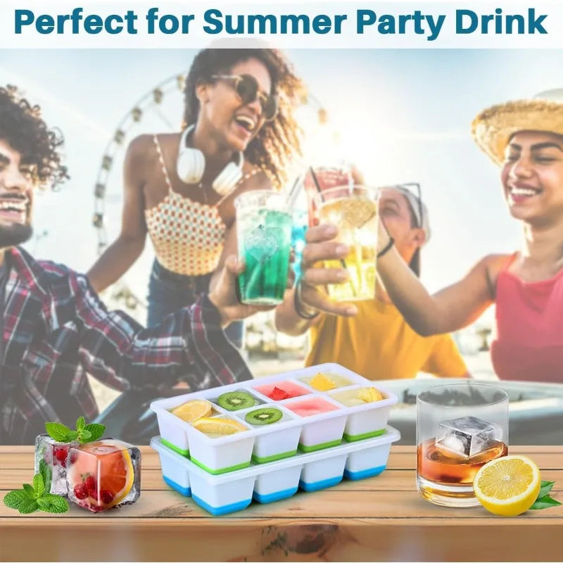 8 Grid Large Square Plastic Ice Tray with Lid, Soft Bottom Easy To Release Mold Large Ice Cube Mold for Whiskey Cocktail Qme