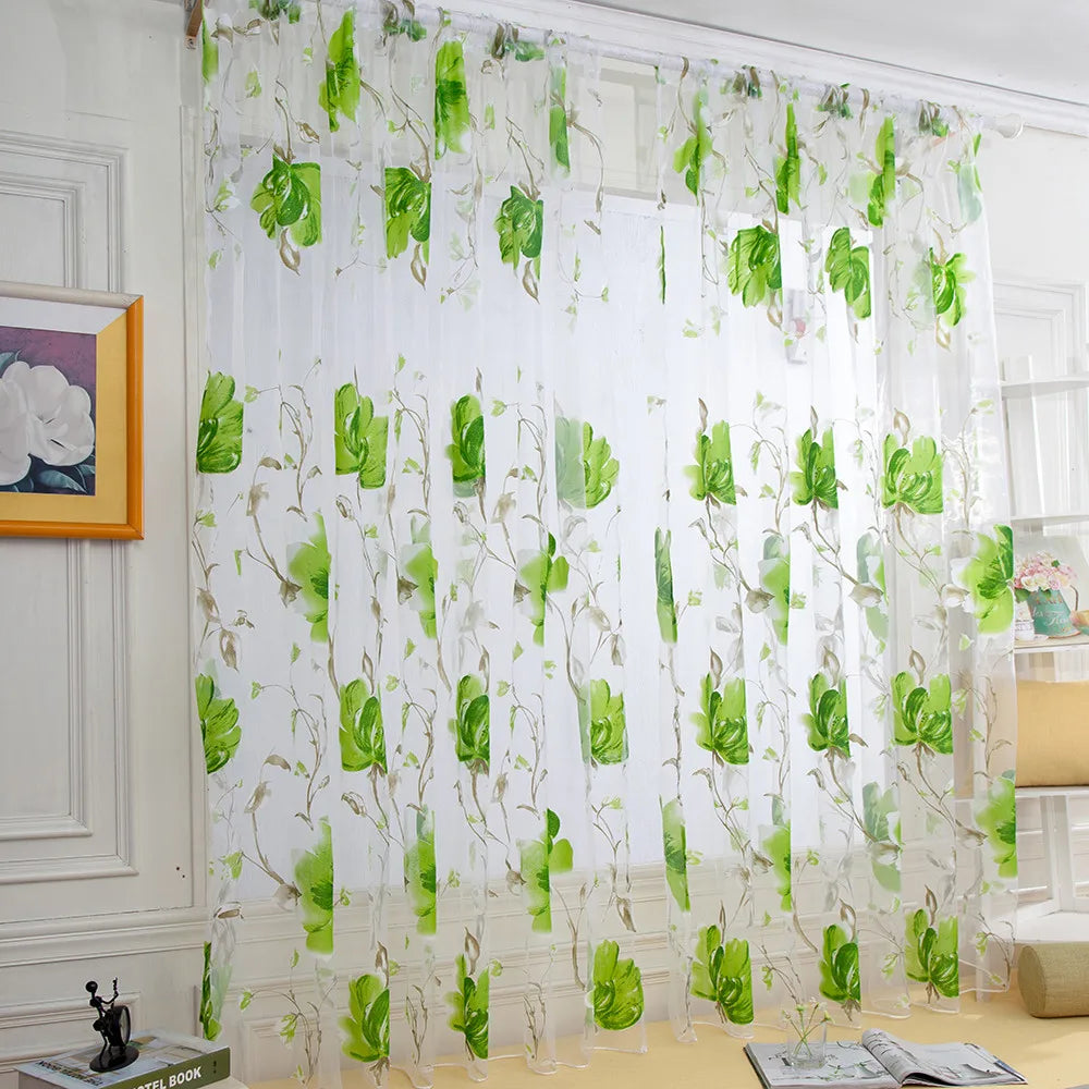 1/2 PCS Vines Leaves Tulle Door Window Curtain Drape Panel Sheer Scarf Valances Colorful Floral Pattern Transparent Curtains Qme