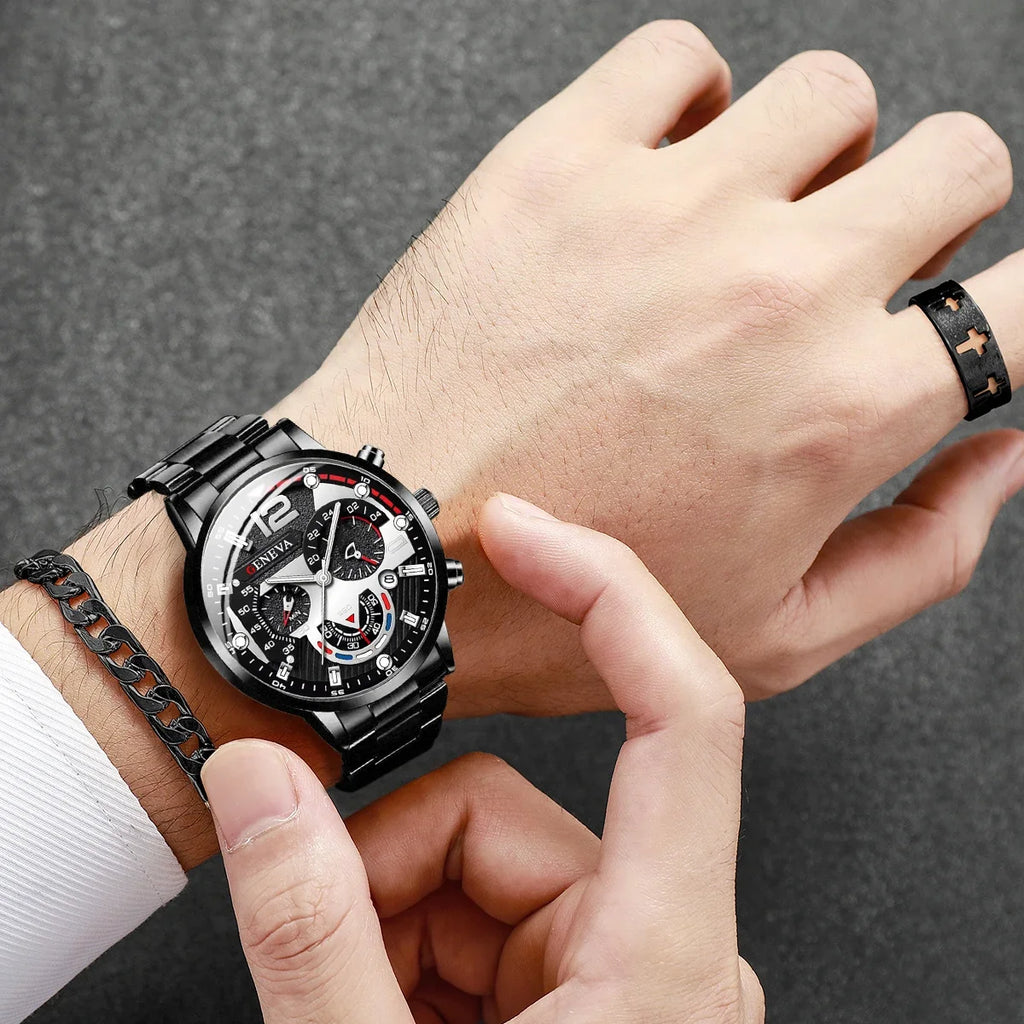 4 Pçs/set Moda Masculina Relógios Preto Banda de Aço Homens Negócios Relógio de Quartzo Conjunto de Jóias (Sem Caixa) Qme