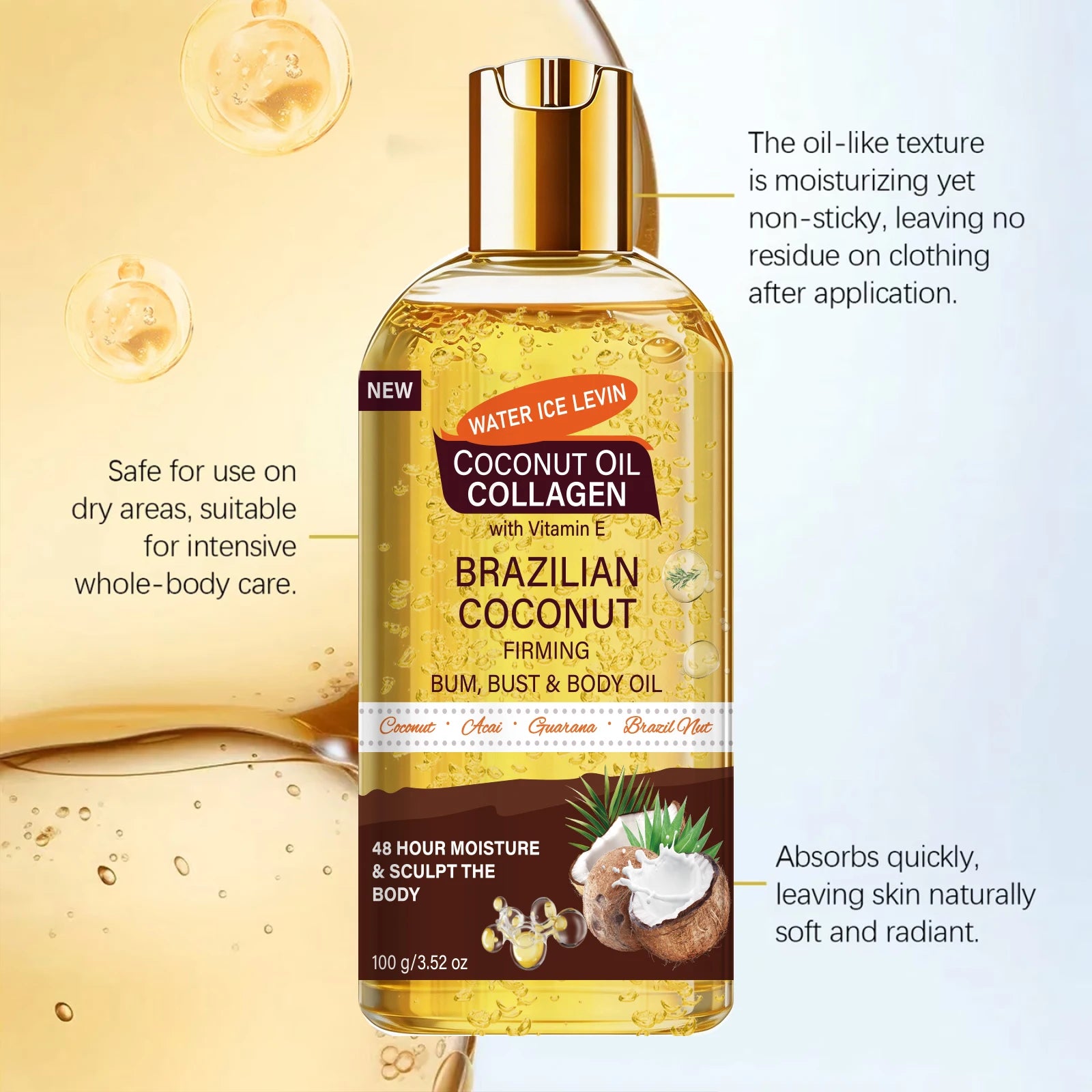 Brazilian Firming Body Oil - Coconut & Collagen, Moisturizing for Bum, Bust & Skin Qme