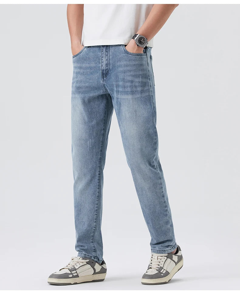 Jeans men summer new slim fit skinny pants casual pants men Korean style trendy thin nine-point pants Qme