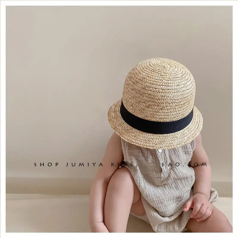 Korean Tide Baby Straw Hat Summer Cute Bowler Sunshade Beach Qme Khaki