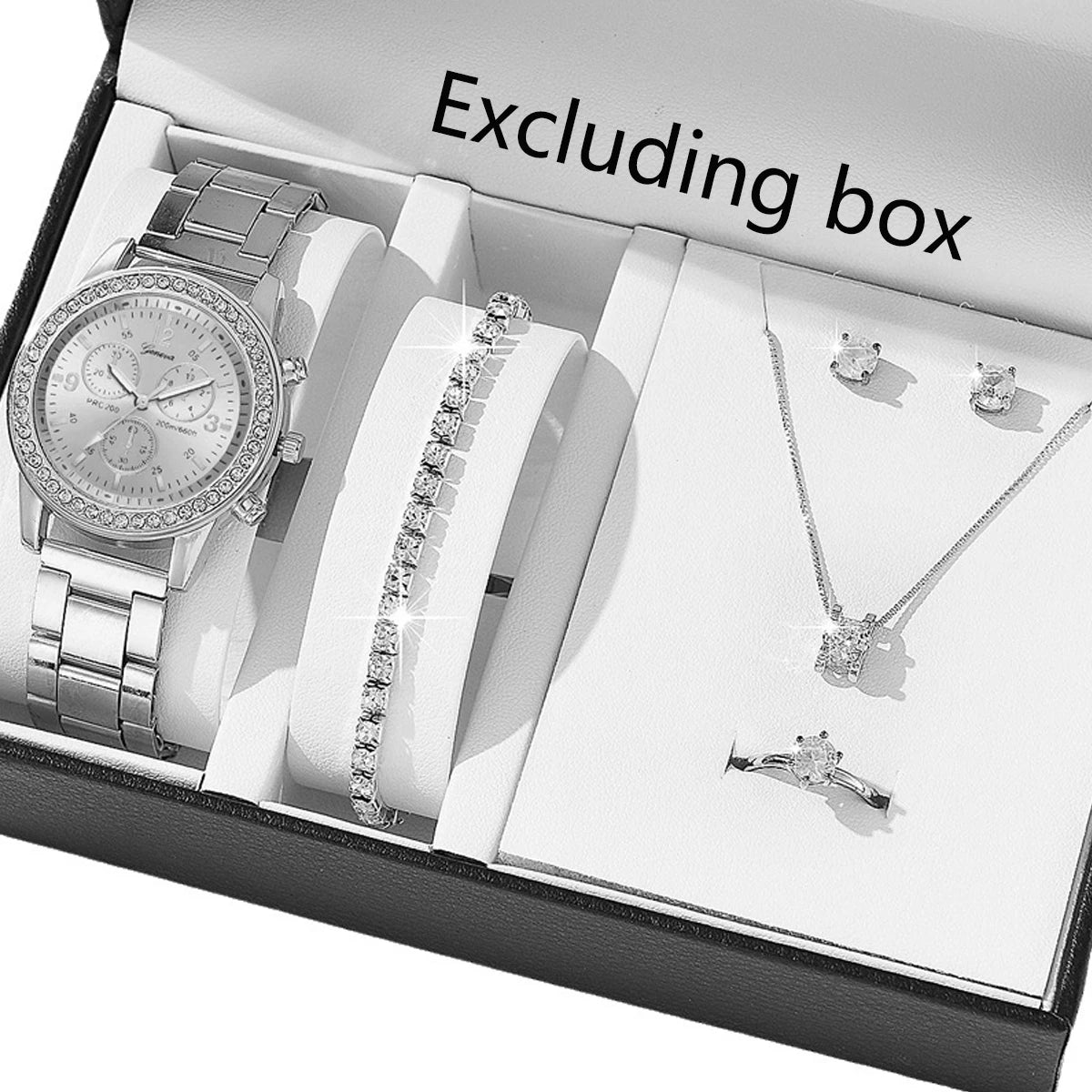 5pcs/set steel strip women's watch fake three eye women's casual Korean version quartz watch set Qme Silver set