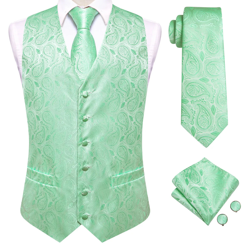 Men's Black Golden Brown Mint Wine Floral Vest & Tie Hanky Cufflinks Set – Formal Waistcoat for Weddings Events Party Gift Qme MJTZ3208 S