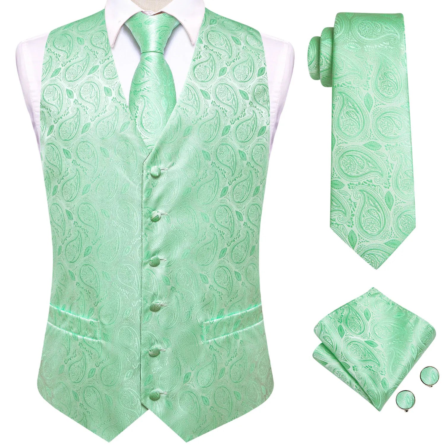 Men's Black Golden Brown Mint Wine Floral Vest & Tie Hanky Cufflinks Set – Formal Waistcoat for Weddings Events Party Gift Qme MJTZ3208 S