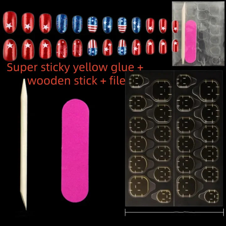 Independence Day Short Oval Nail Tips Glitter Star Firework Press On Nails Removable Reusable Fake For Women Daily Party Qme 1set
