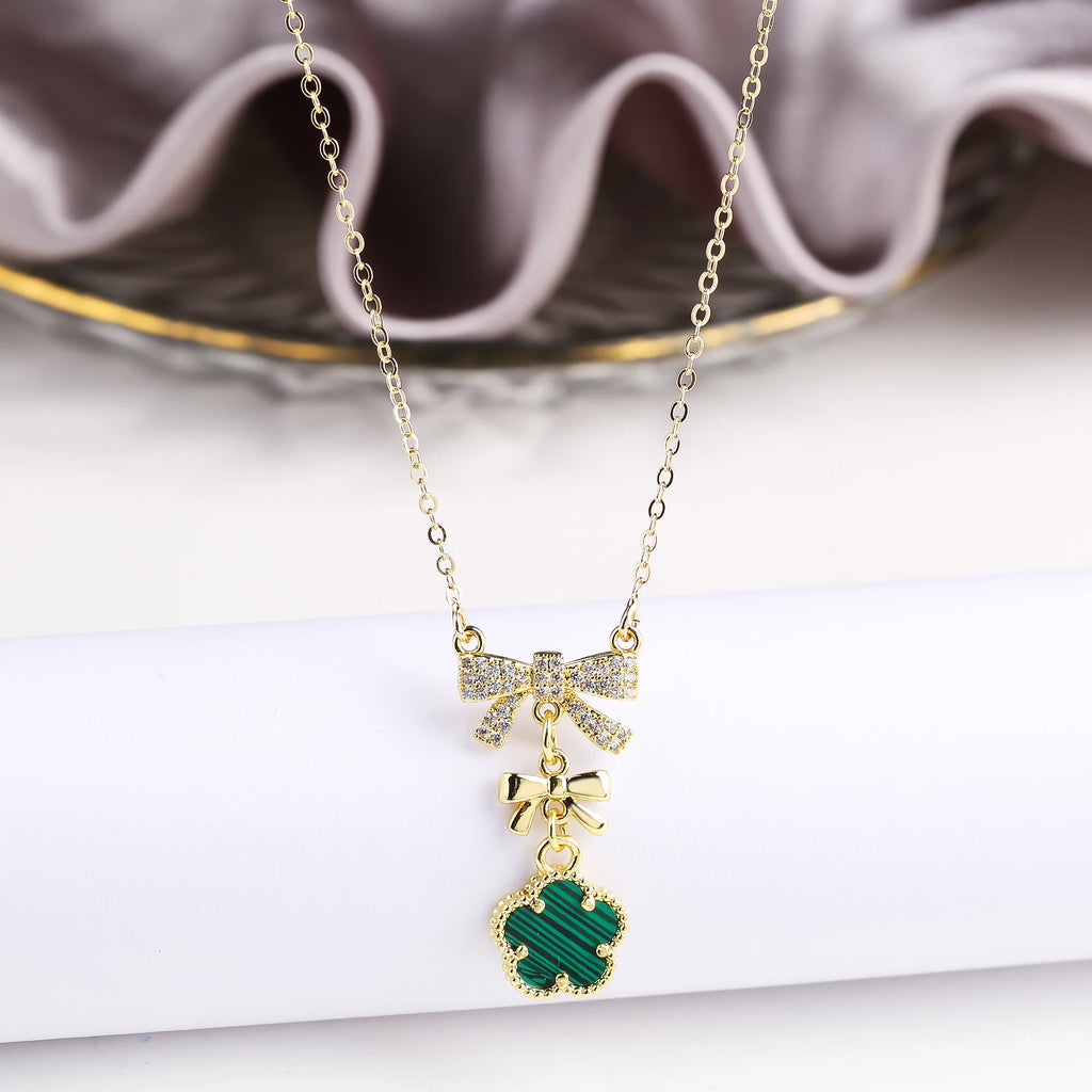 10 Color Natural Stone Five Leaf Flower Pendant Fashion Zirconia Bowknot Choker Chain Classic for Woman Brand Jewelry Clover Qme Green