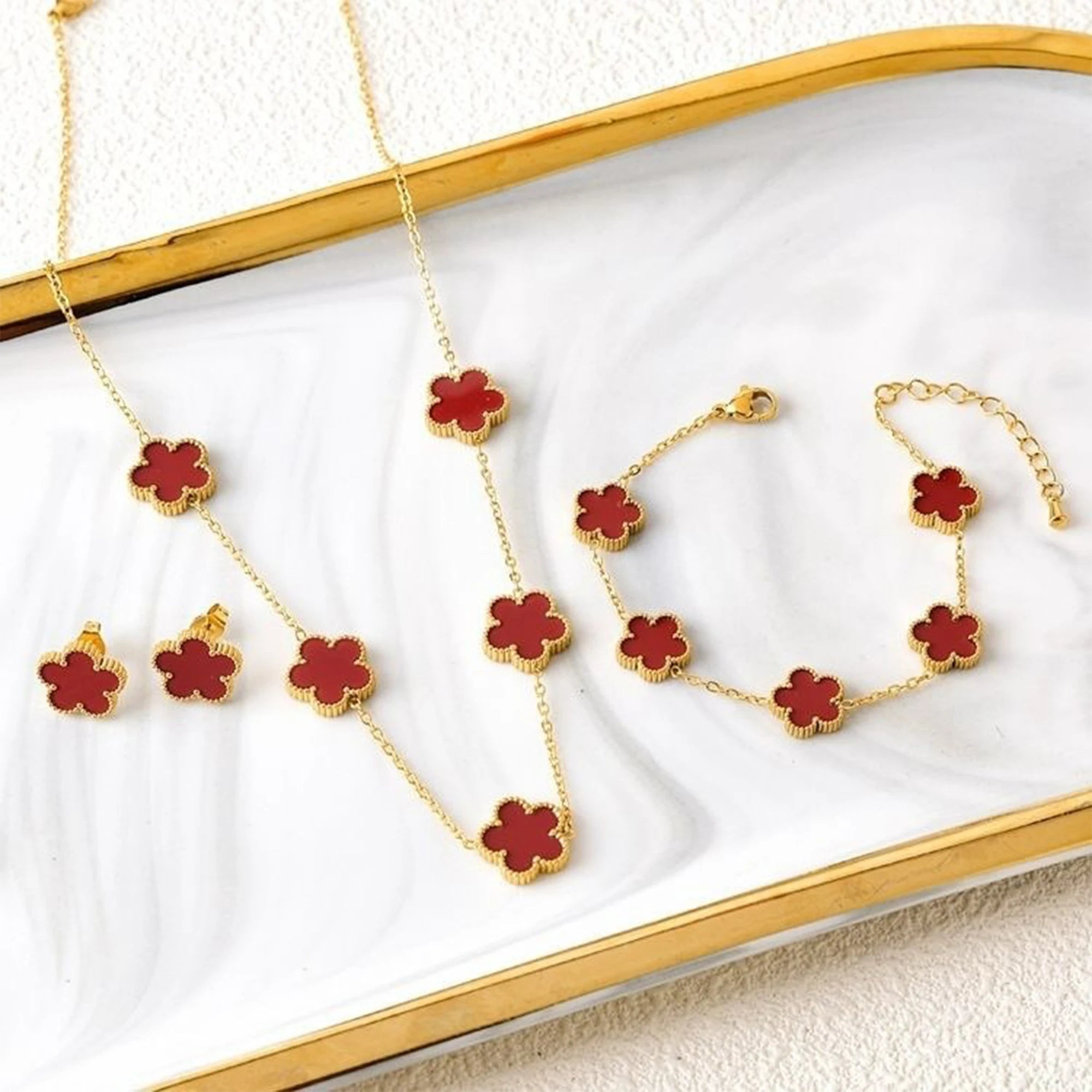 Clover Five Leaf Flower Stainless Steel Bracelet Necklace Earrings Jewelry Set Luxury for Women High Quality Party Jewelry Gift Qme 3