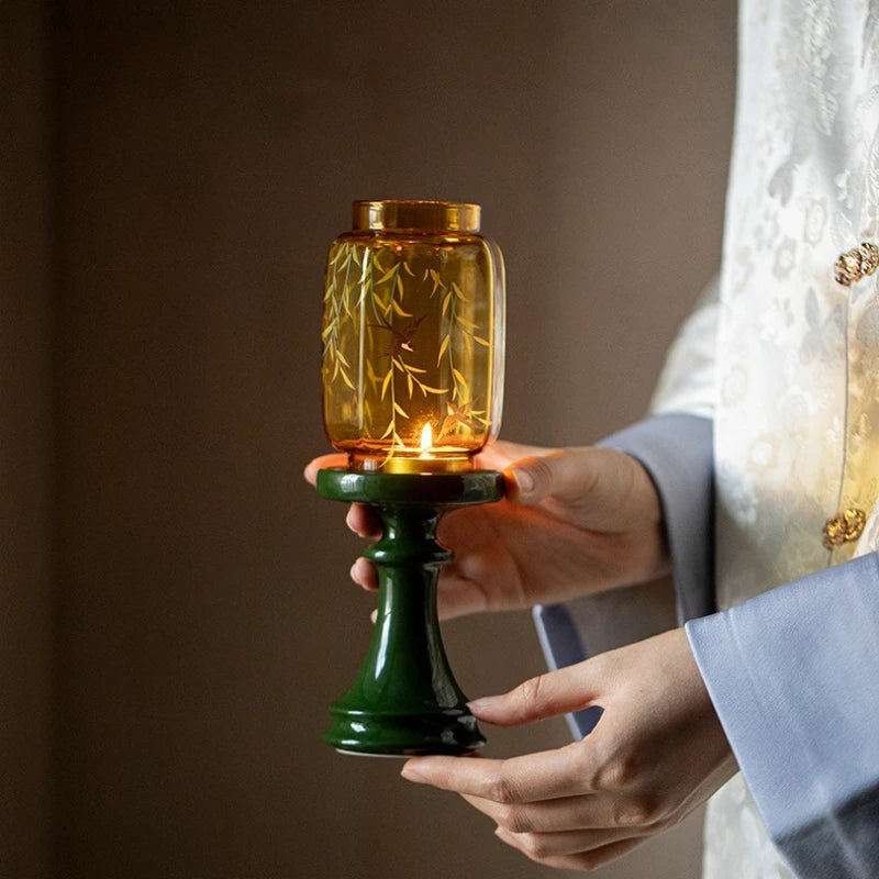 Chinese Glass Emerald Candlestick Atmosphere Lamp Aromatherapy Candle Qme