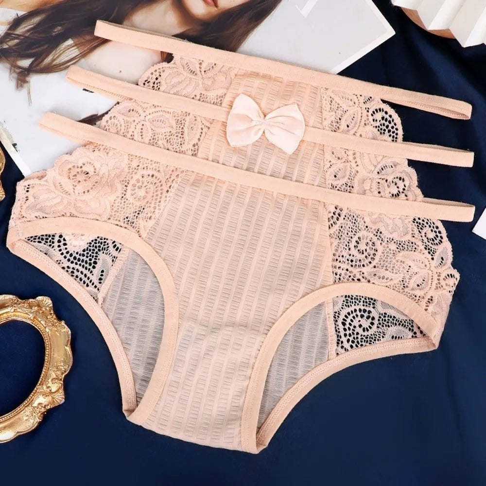 Sweet Hollow Out Women's Panties Waist Mesh Lace Floral Lingerie Qme Skin Color 1XL 1pc