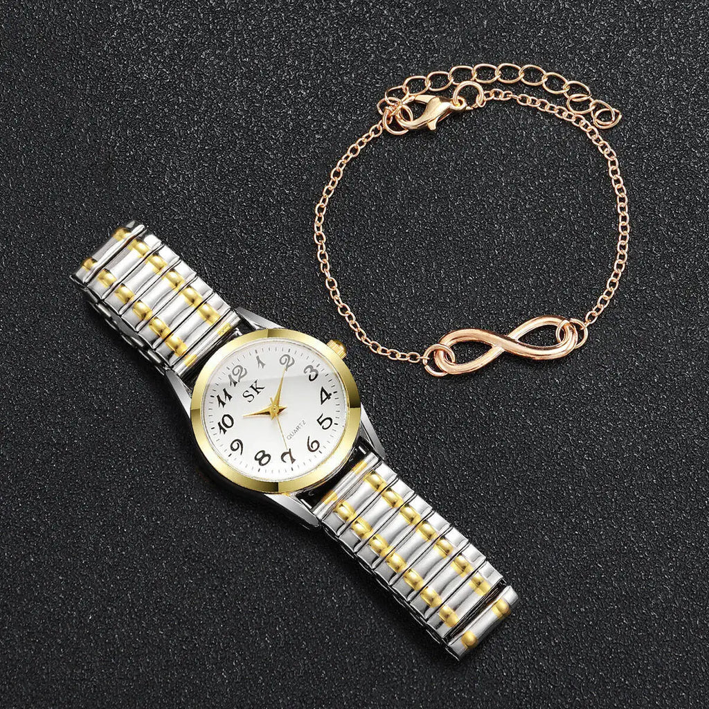 2PCS Two piece set of women's digital watch infinite symbol thin bracelet with gold stretch steel strip, not including gift box Qme